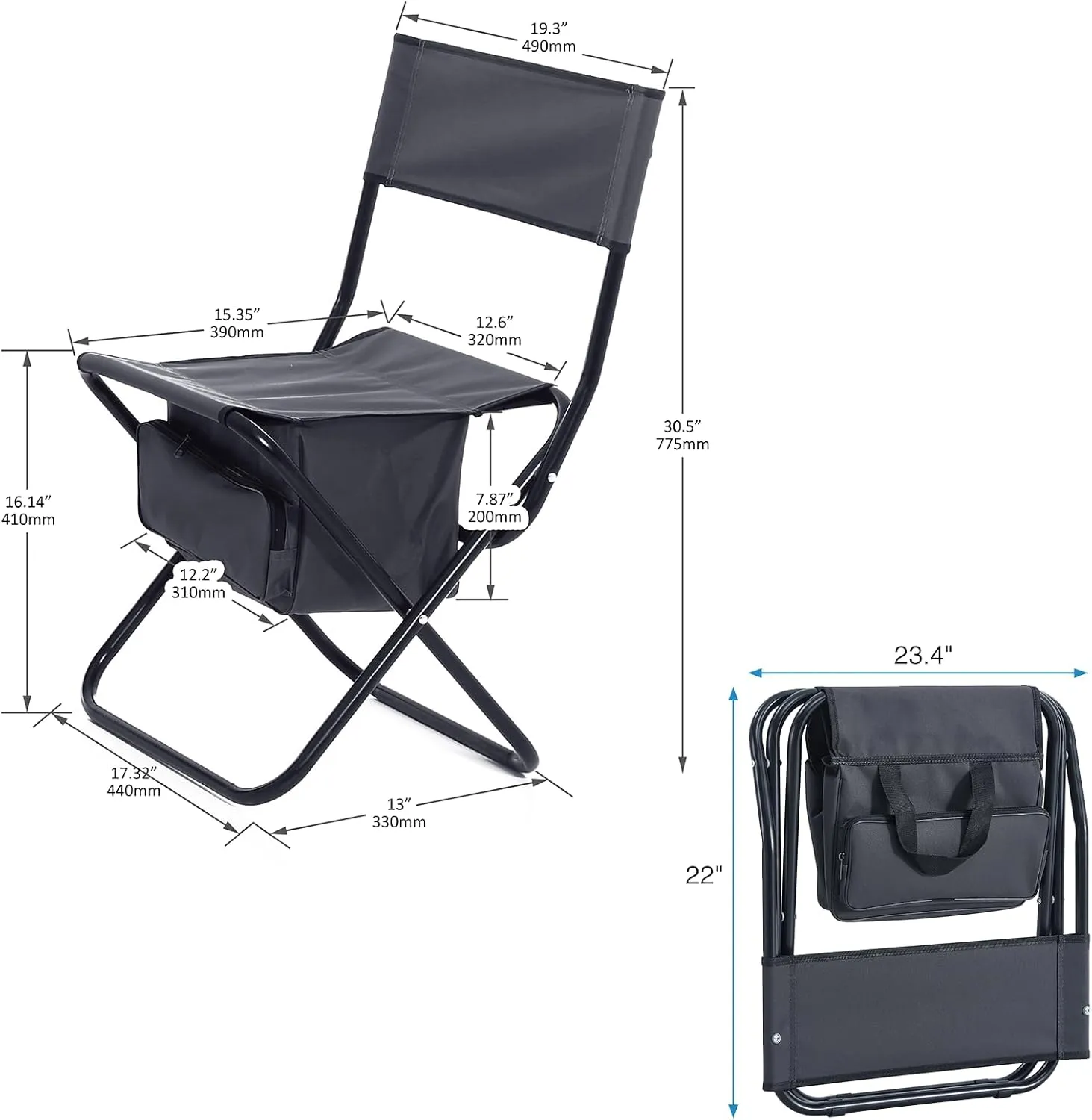 Folding Camping Chairs, Portable Outdoor Chair wirh Storage Bag, Foldable Camp Chair for Beach, Lawn, Fishing, Sports, Picnic, Backyard, Patio, 2 Pack, Black