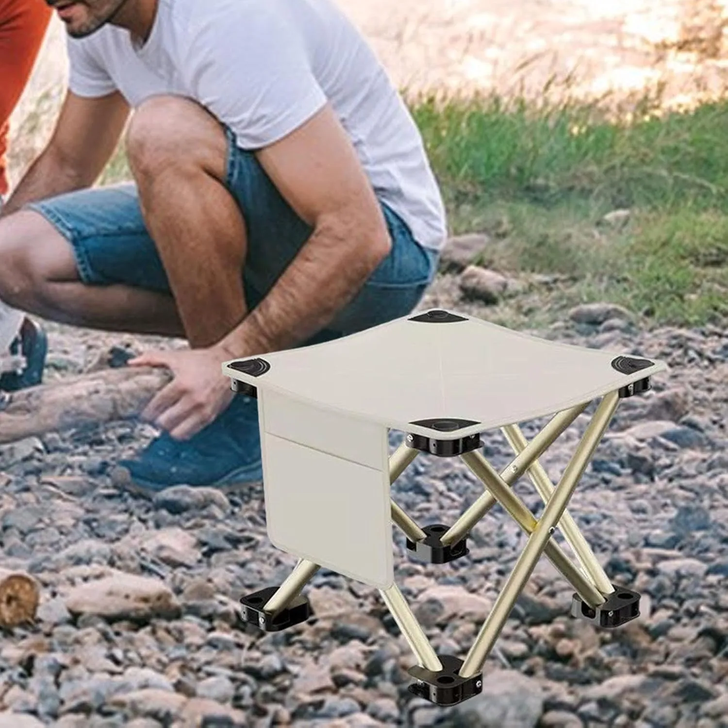 Folding Camping Stool Footstool Sturdy Lightweight Portable Small Foldable Chair for Barbecue Camping Fishing Outdoor Garden, White, 33cmx33cmx32cm