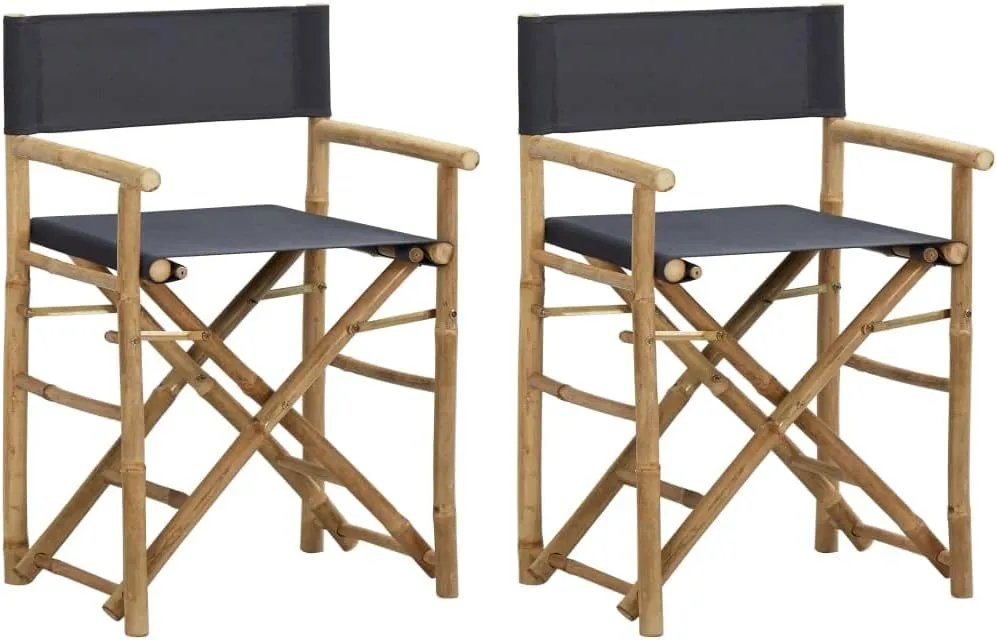 Folding Director's Chairs 2 pcs Dark Gray Bamboo and Fabric Lounge Chair Patio Furniture Outdoor Chairs for Garden, Beach, and Camping