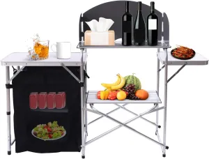 Folding Grill Table, Camping Kitchen Station Storage Cupboard, Portable Camping Kitchen Unit with Aluminium Frame 26'' Tabletop Storage for Tailgating BBQ Picnic Backyard Beach RV (Black)