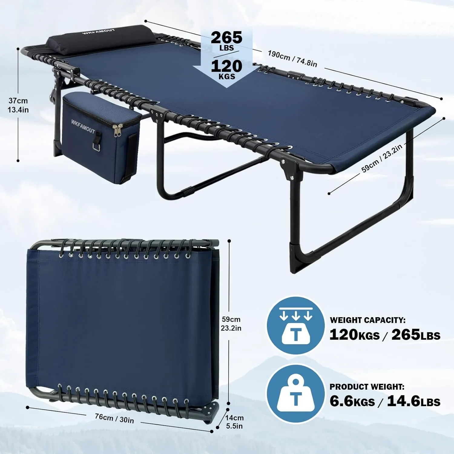 Folding Lounge Chair Outdoor with Insulated Cooler Bag Portable for Outside Patio Chaise Lounge Chair 5-Position with Pillow for Beach Sunbathing Pool Camping Lawn