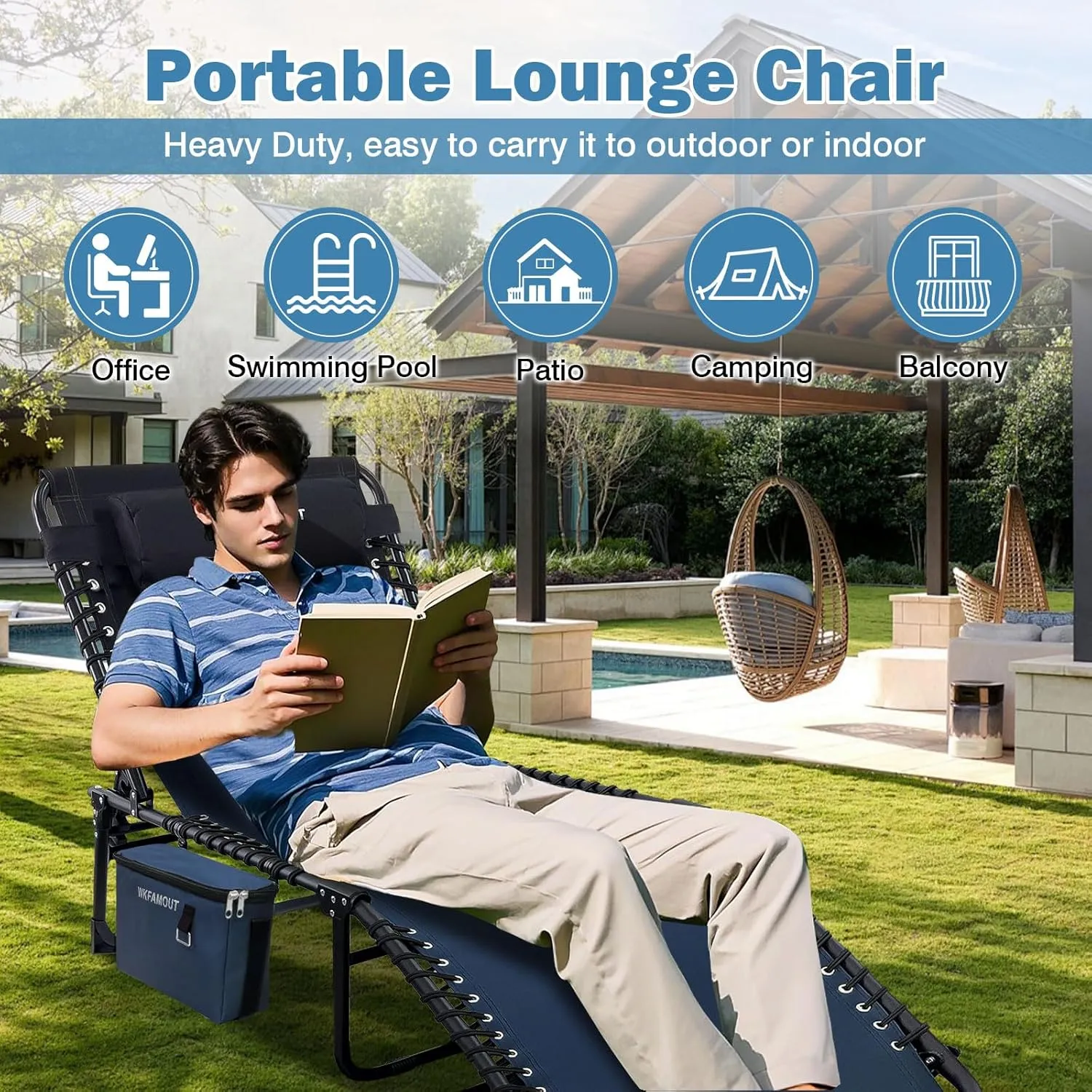 Folding Lounge Chair Outdoor with Insulated Cooler Bag Portable for Outside Patio Chaise Lounge Chair 5-Position with Pillow for Beach Sunbathing Pool Camping Lawn
