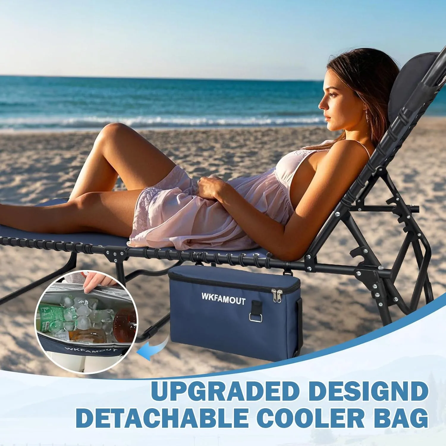 Folding Lounge Chair Outdoor with Insulated Cooler Bag Portable for Outside Patio Chaise Lounge Chair 5-Position with Pillow for Beach Sunbathing Pool Camping Lawn