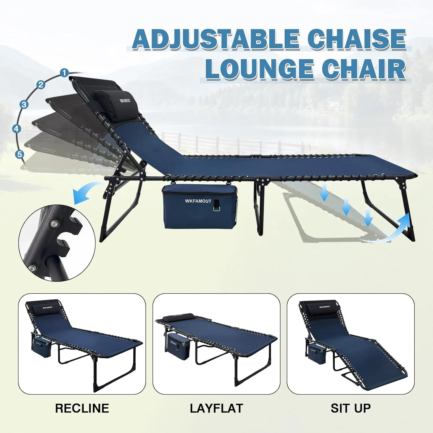 Folding Lounge Chair Outdoor with Insulated Cooler Bag Portable for Outside Patio Chaise Lounge Chair 5-Position with Pillow for Beach Sunbathing Pool Camping Lawn