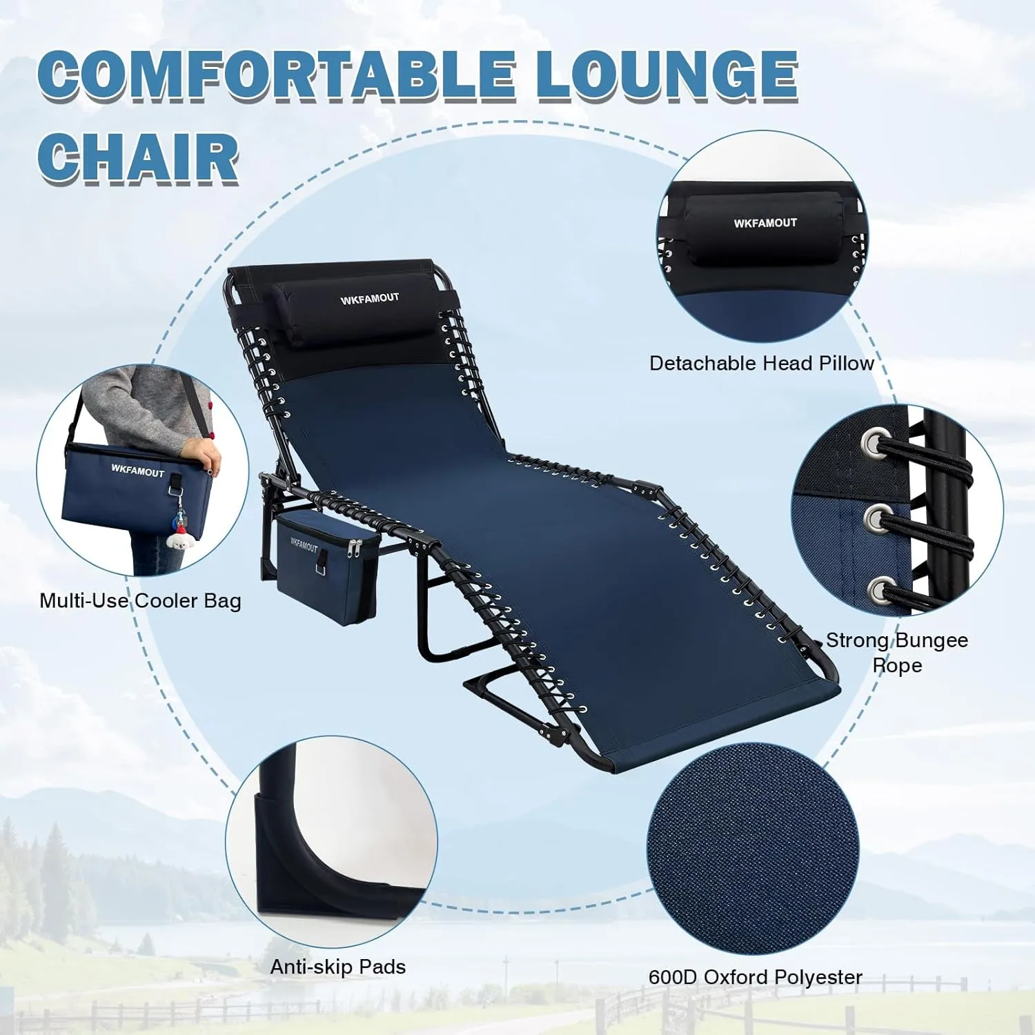 Folding Lounge Chair Outdoor with Insulated Cooler Bag Portable for Outside Patio Chaise Lounge Chair 5-Position with Pillow for Beach Sunbathing Pool Camping Lawn