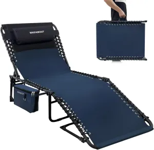 Folding Lounge Chair Outdoor with Insulated Cooler Bag Portable for Outside Patio Chaise Lounge Chair 5-Position with Pillow for Beach Sunbathing Pool Camping Lawn