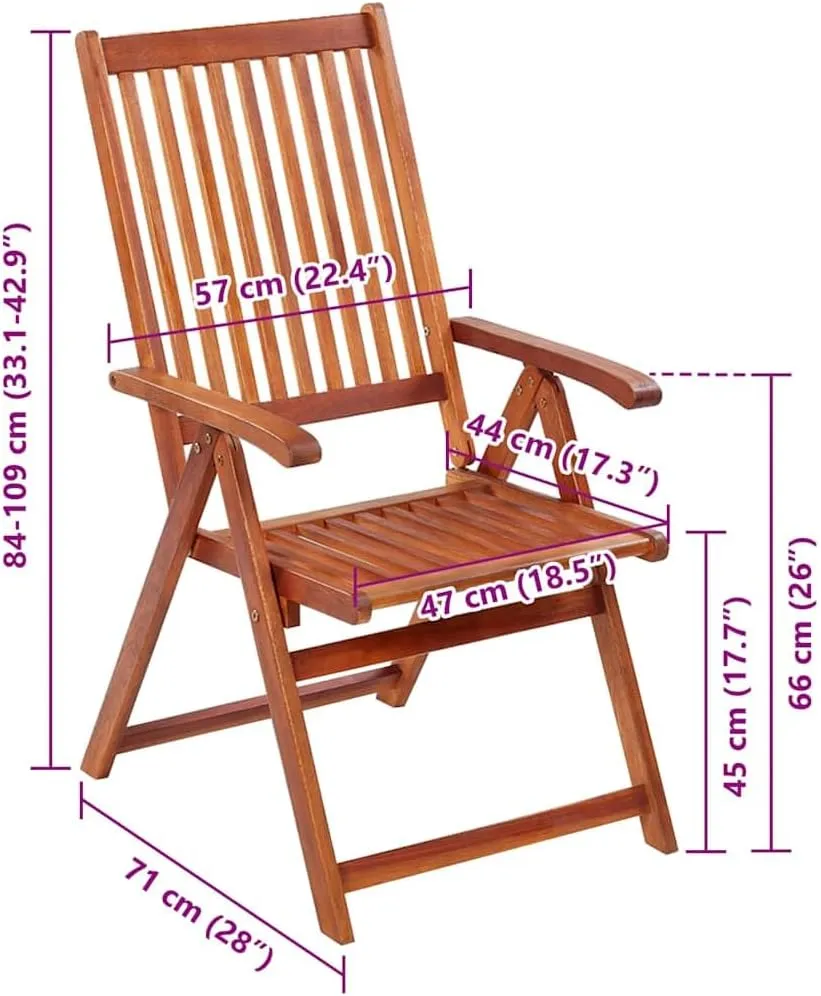 Folding Patio Chairs 2 Pcs Solid Acacia Wood Brown Adjustable 5 Positions Outdoor Chairs for Patio, Terrace, Garden, Dining, and Lounge