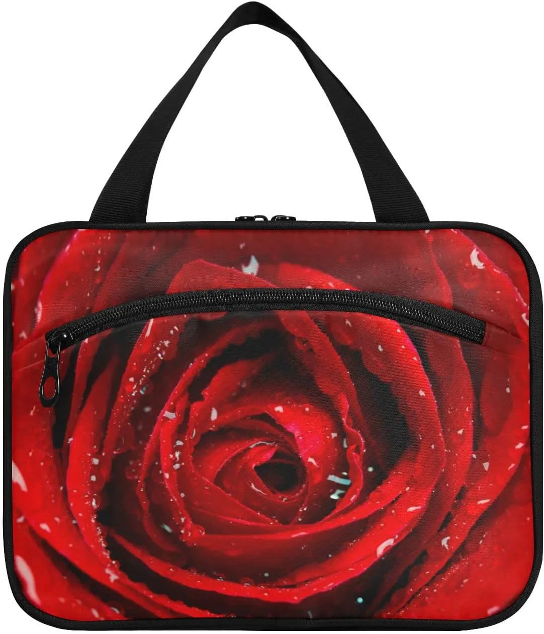 Fresh Red Rose Bud, The Petals of Red Roses with Water Women's Portable Makeup Bag with Handle Cosmetic Bag, Twill Cloth Travel Cosmetic Bag, Polyester Toiletry Bag for Women L Size