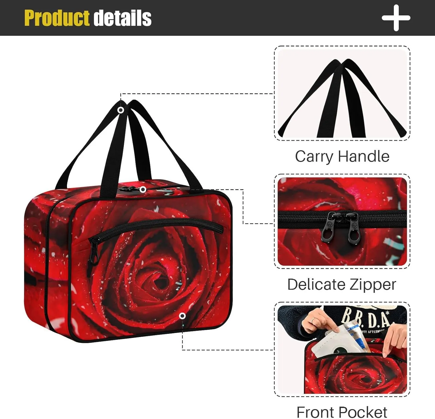 Fresh Red Rose Bud, The Petals of Red Roses with Water Women's Portable Makeup Bag with Handle Cosmetic Bag, Twill Cloth Travel Cosmetic Bag, Polyester Toiletry Bag for Women L Size