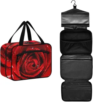 Fresh Red Rose Bud, The Petals of Red Roses with Water Women's Portable Makeup Bag with Handle Cosmetic Bag, Twill Cloth Travel Cosmetic Bag, Polyester Toiletry Bag for Women L Size