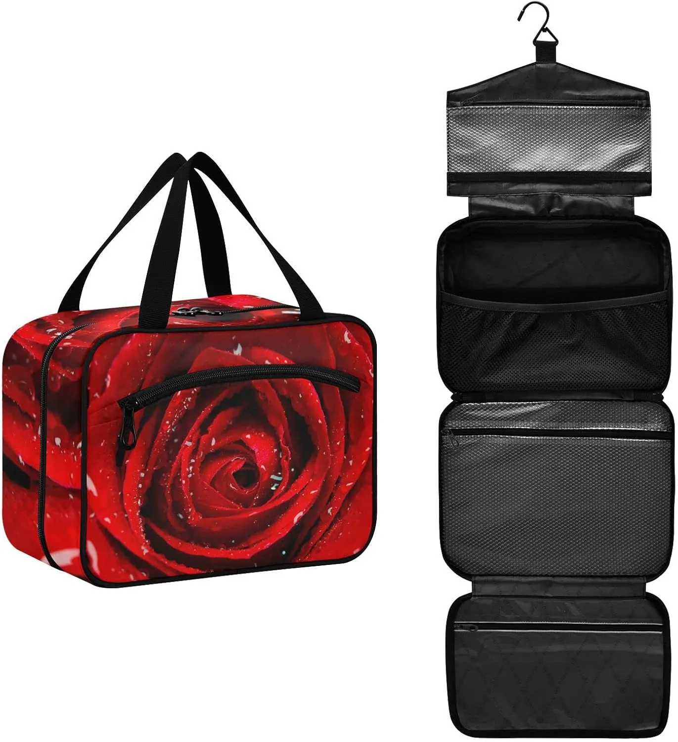 Fresh Red Rose Bud, The Petals of Red Roses with Water Women's Portable Makeup Bag with Handle Cosmetic Bag, Twill Cloth Travel Cosmetic Bag, Polyester Toiletry Bag for Women L Size
