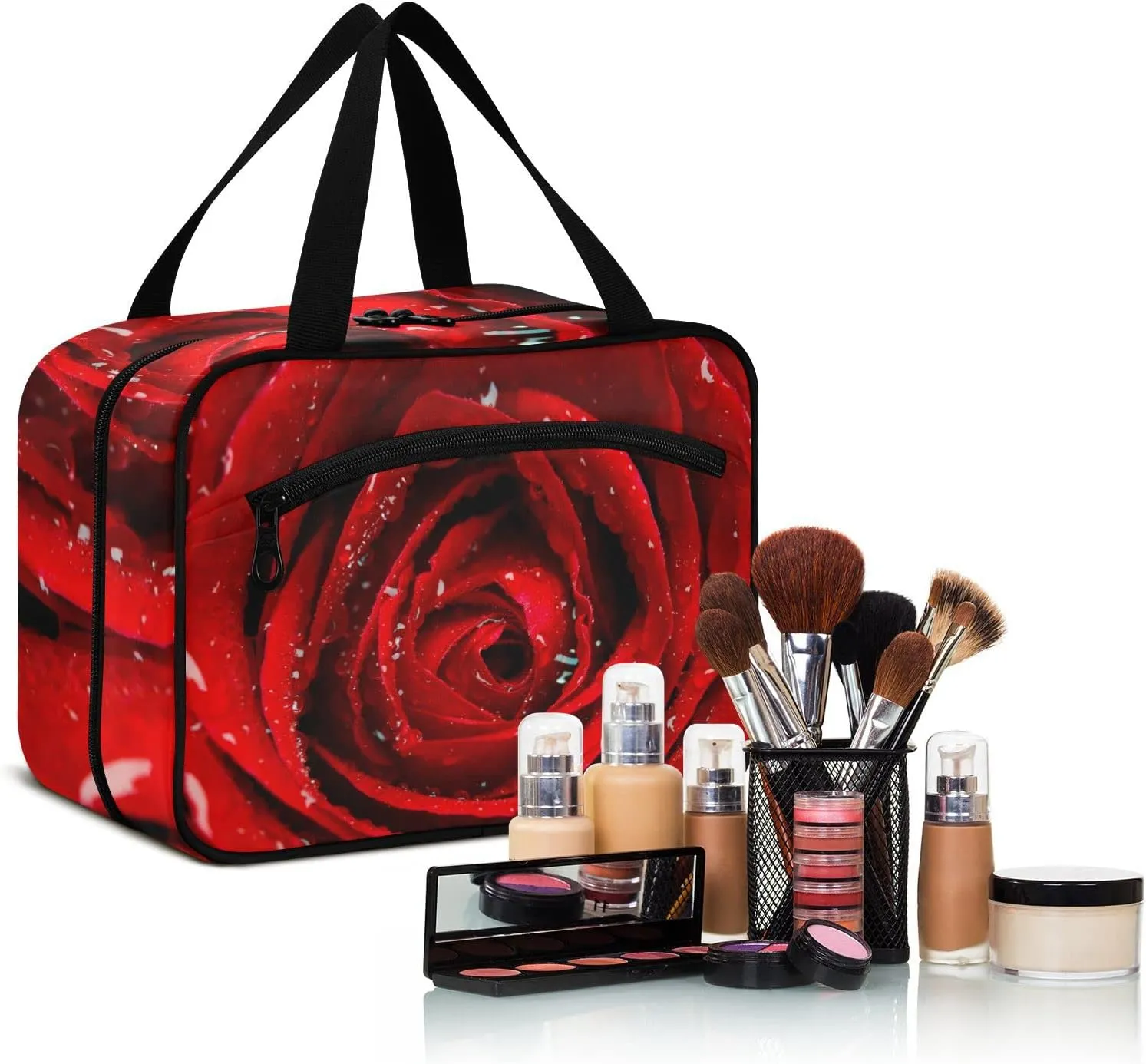 Fresh Red Rose Bud, The Petals of Red Roses with Water Women's Portable Makeup Bag with Handle Cosmetic Bag, Twill Cloth Travel Cosmetic Bag, Polyester Toiletry Bag for Women L Size