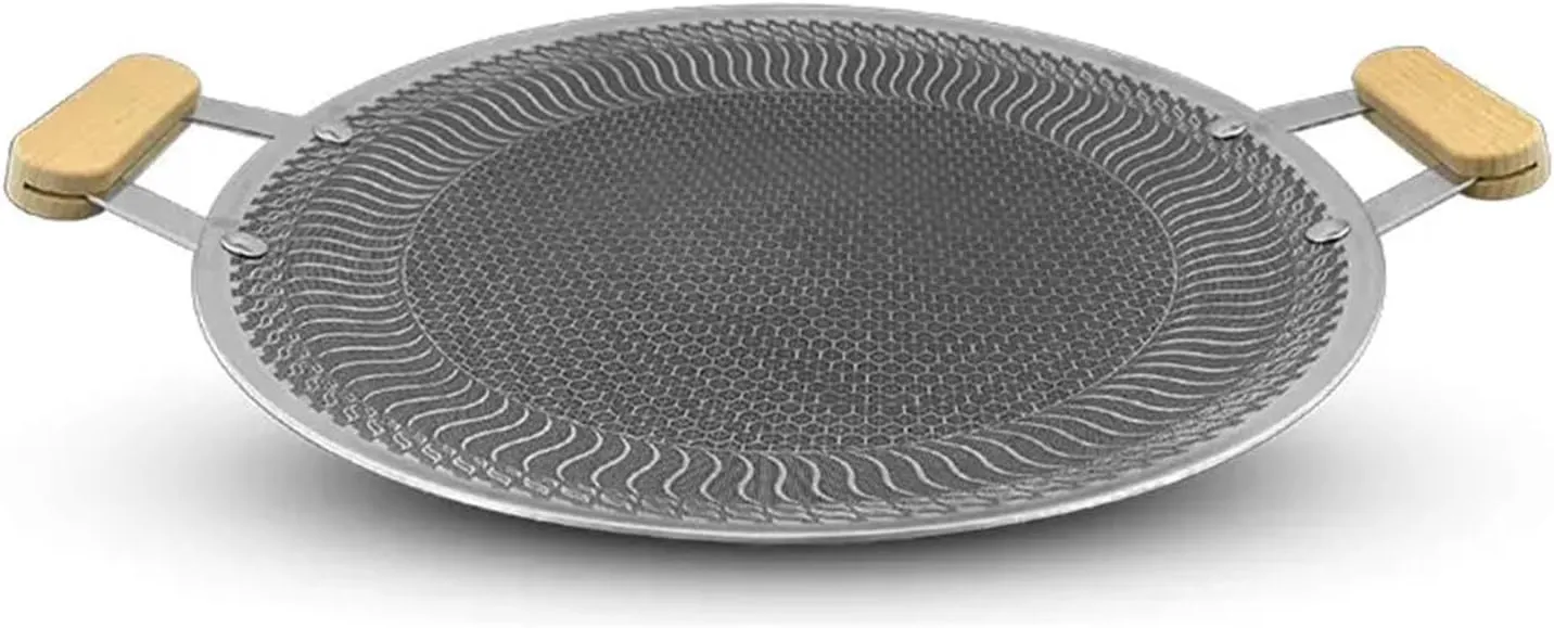 Frying Pan Non-Stick Round Baking Pan, Korean BBQ Grill Pan with Wood Handle, for Indoor Outdoor Stovetop Grilling, Frying, Sauteing,38cm