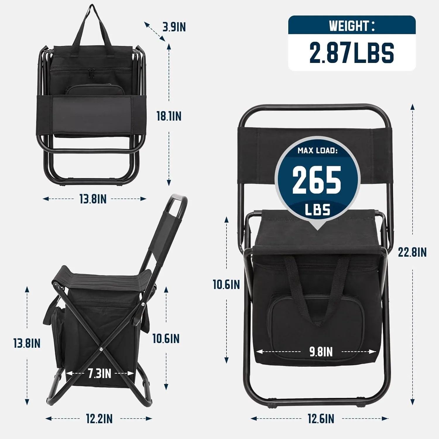 FUNDANGO Small Fishing Chair with Cooler Bag, Lightweight Camping Chair Compact Fishing Stool with Backrest for RV Hiking Travel, Hunting, Ice Fishing Gifts Gear for Men