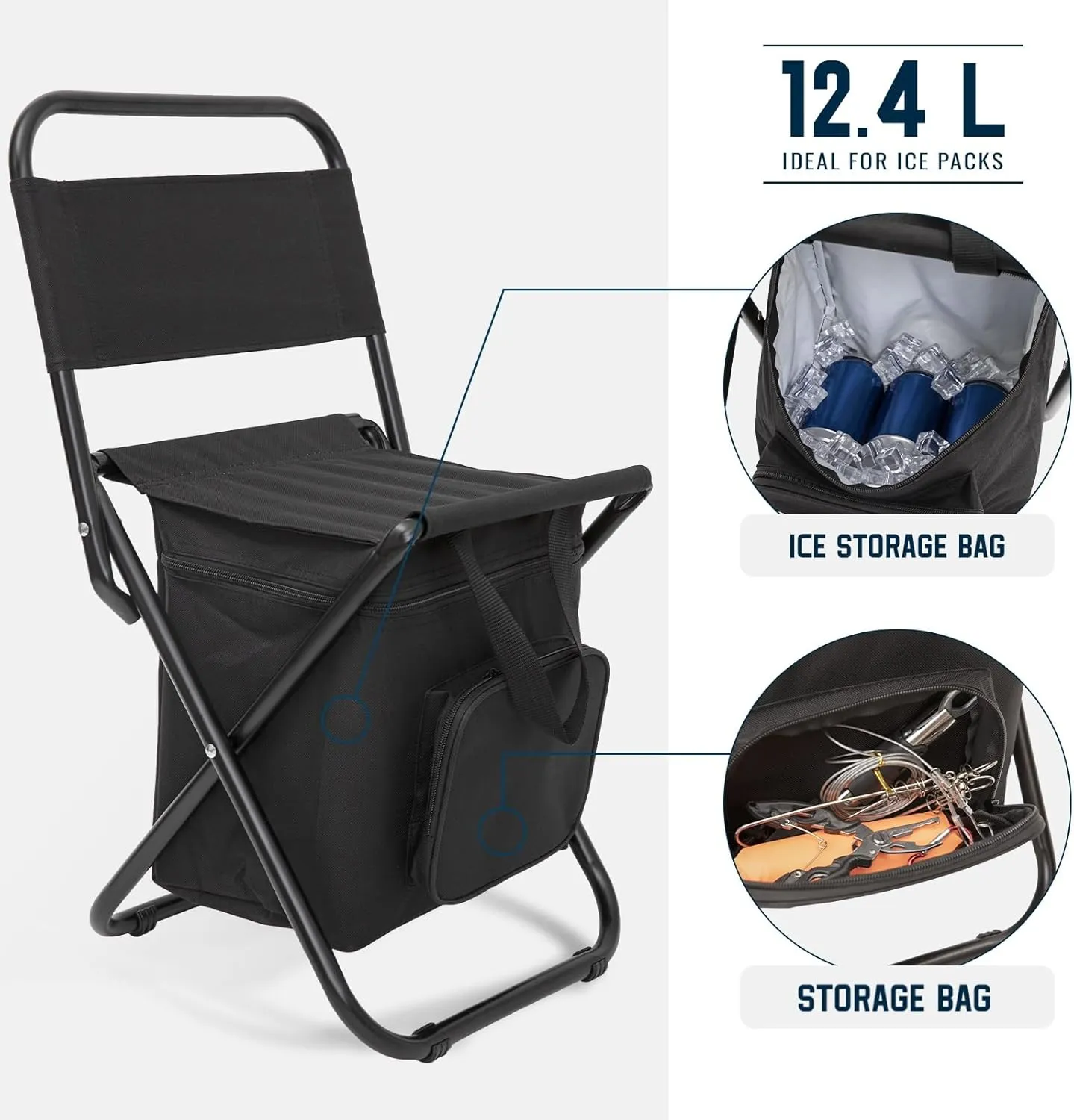 FUNDANGO Small Fishing Chair with Cooler Bag, Lightweight Camping Chair Compact Fishing Stool with Backrest for RV Hiking Travel, Hunting, Ice Fishing Gifts Gear for Men