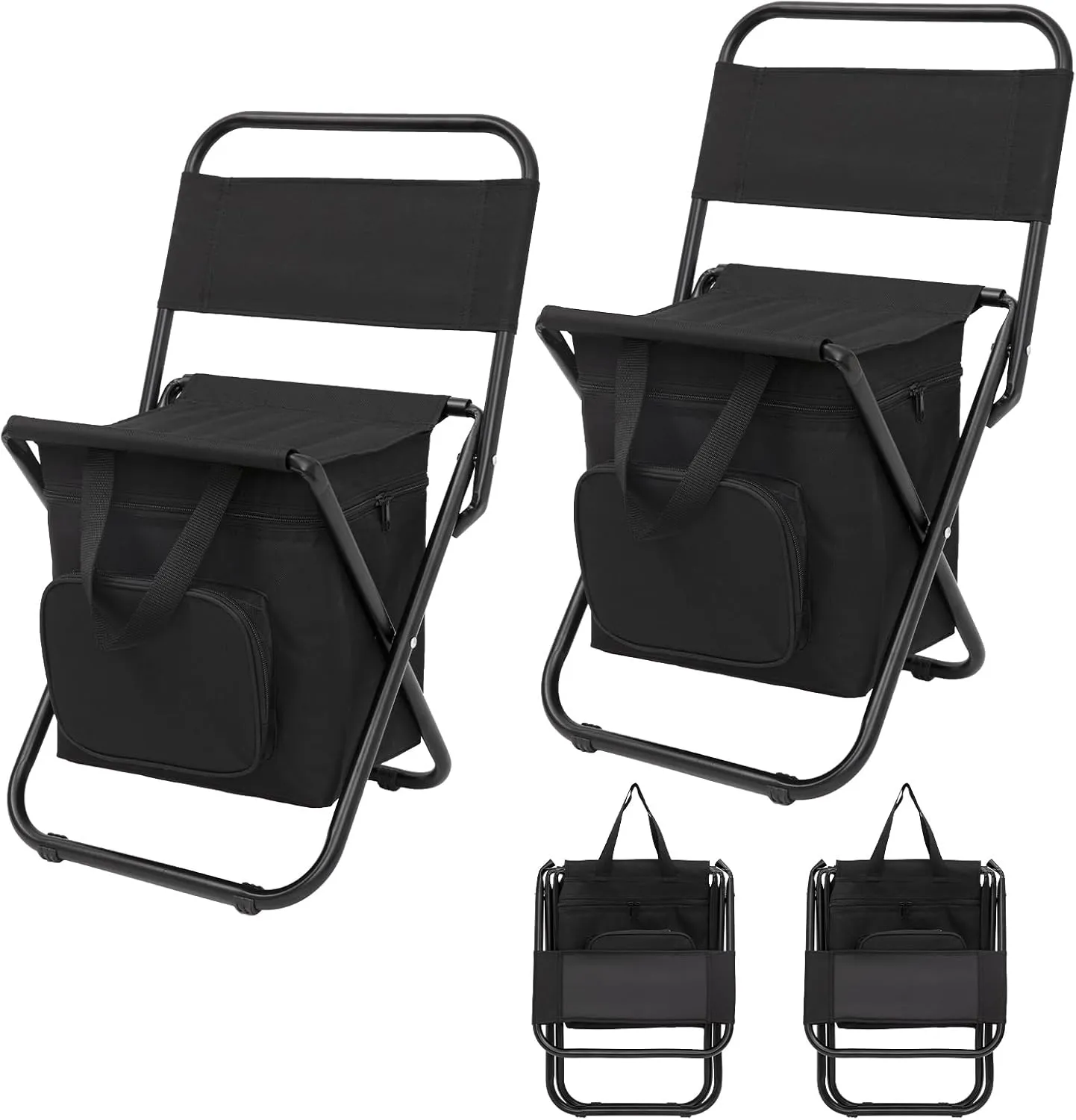 FUNDANGO Small Fishing Chair with Cooler Bag, Lightweight Camping Chair Compact Fishing Stool with Backrest for RV Hiking Travel, Hunting, Ice Fishing Gifts Gear for Men