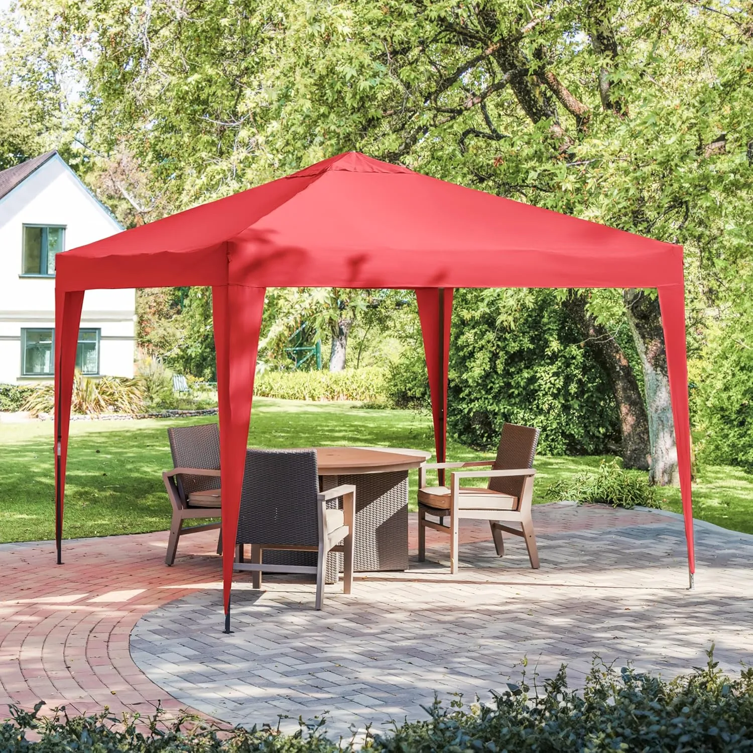 Furniture of America Tene 10'x10' Base 8'x8' Top Portable Easy Pop Up Awning Outdoor Canopy Tent, Rain Shelter with Wheeled Carrying Bag, Beach Shade, for Backyard, Patio, Deck, Red