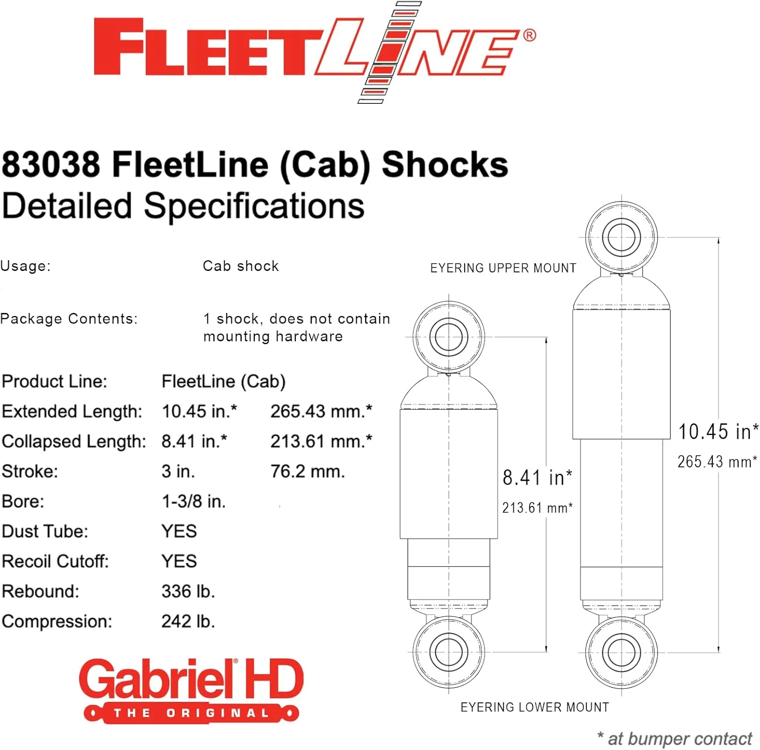Gabriel 83038 Fleetline Heavy Duty Cab Shock Absorbers for Freightliner 122SD, Cascadia, Columbia, Coronado, M2 112, Century Class; Pierce Fire Recue Truck OEM# 18-41762-000 (1 Pack)
