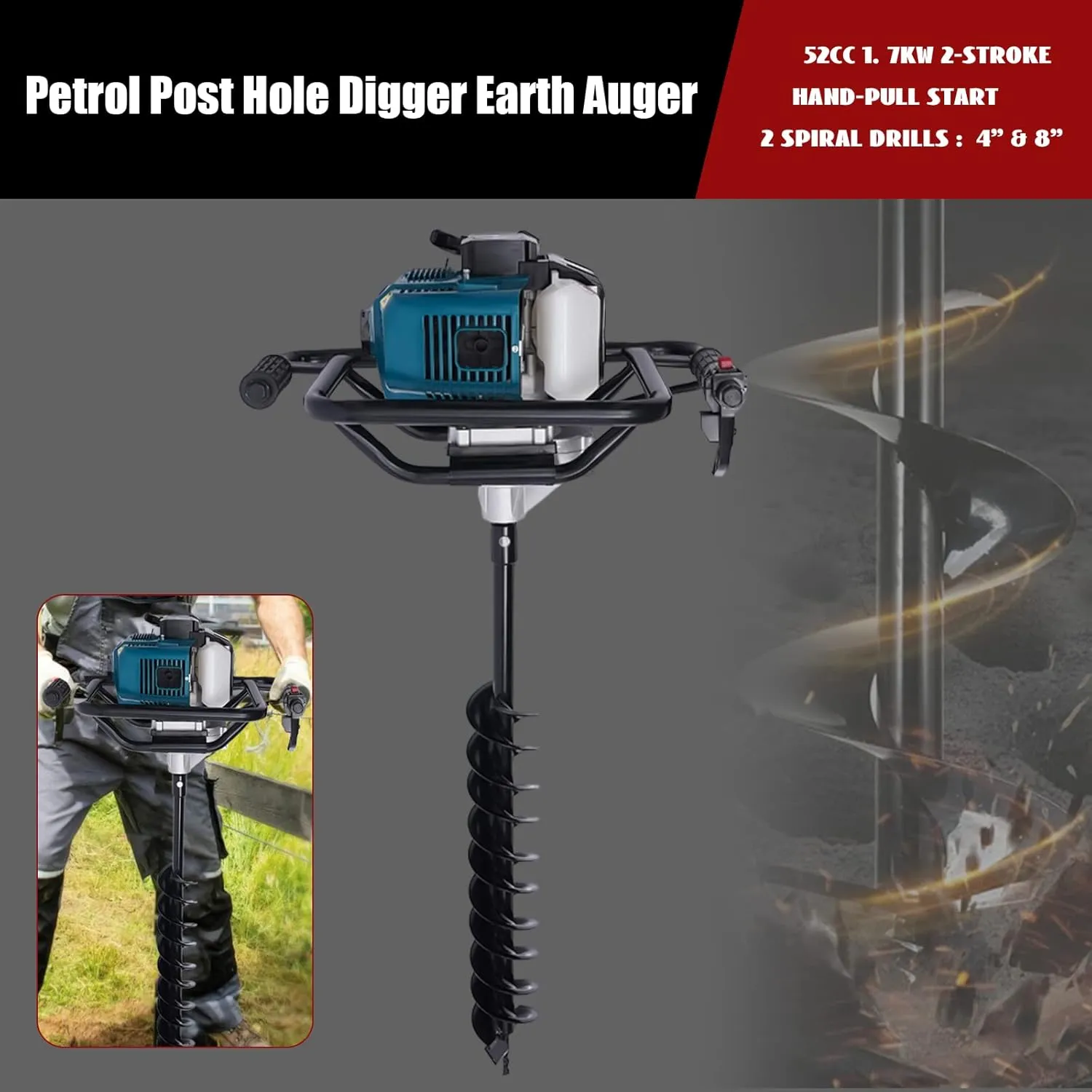 Gas Auger Post Hole Digger 2 Stroke 52cc, Earth Auger Single-Cylinder with 4" and 8" Bit and 12" Extension Bar, Hole Digger for Fence Posts, Pull Start, 1.7kw