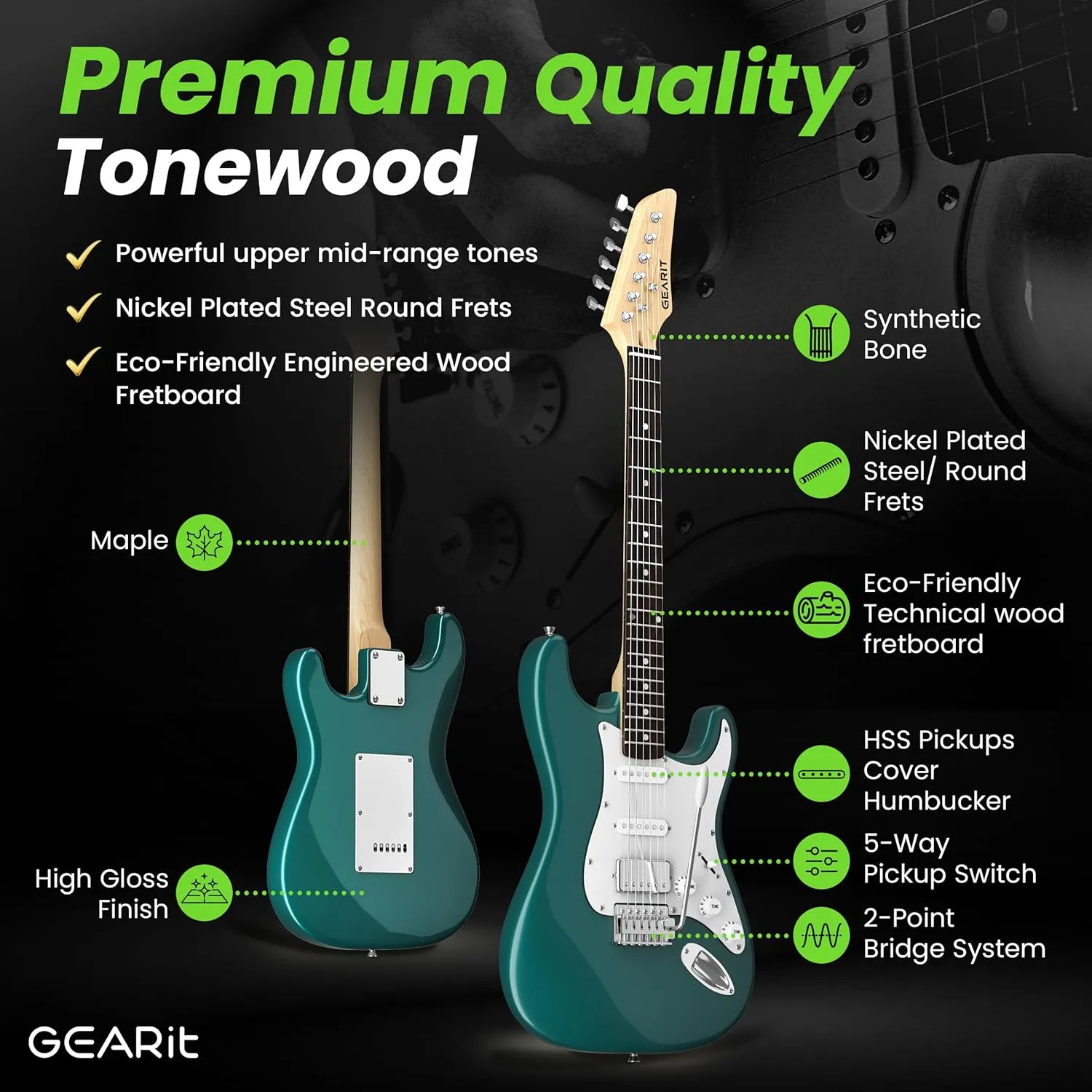 GEARit 39 Inch Full Size Canyon Series Electric Guitar Kit Bundle w/Amplifier, HSS Pickup with Coil Split,Starter Kit with Tuner, Gig Bag, and Guitar Strap, Cable, Picks, Strings, Riptide Blue