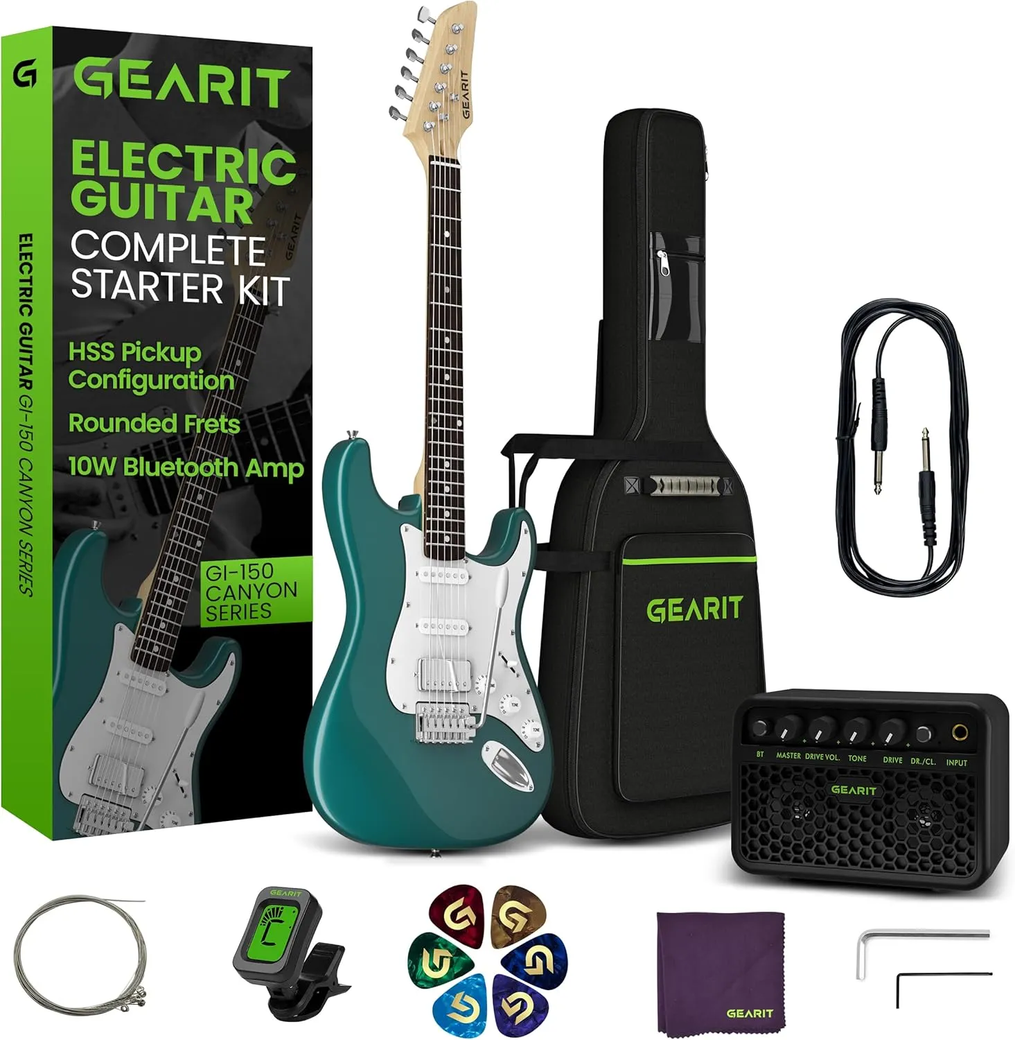 GEARit 39 Inch Full Size Canyon Series Electric Guitar Kit Bundle w/Amplifier, HSS Pickup with Coil Split,Starter Kit with Tuner, Gig Bag, and Guitar Strap, Cable, Picks, Strings, Riptide Blue