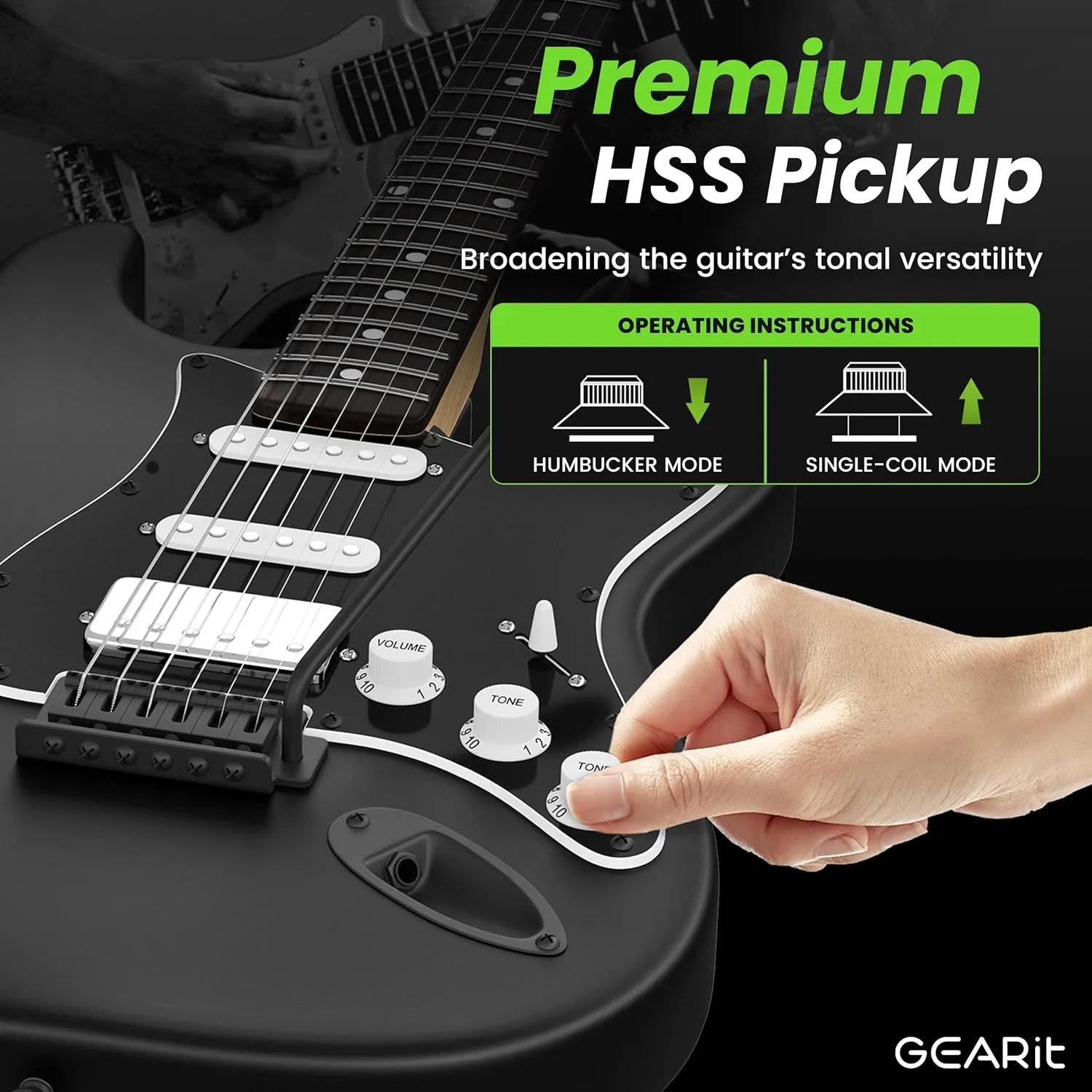GEARit 39 Inch Full Size Canyon Series Electric Guitar Kit Bundle w/Amplifier, HSS Pickup with Coil Split,Starter Kit with Tuner, Gig Bag, and Guitar Strap, Cable, Picks, Strings, Shadow Black