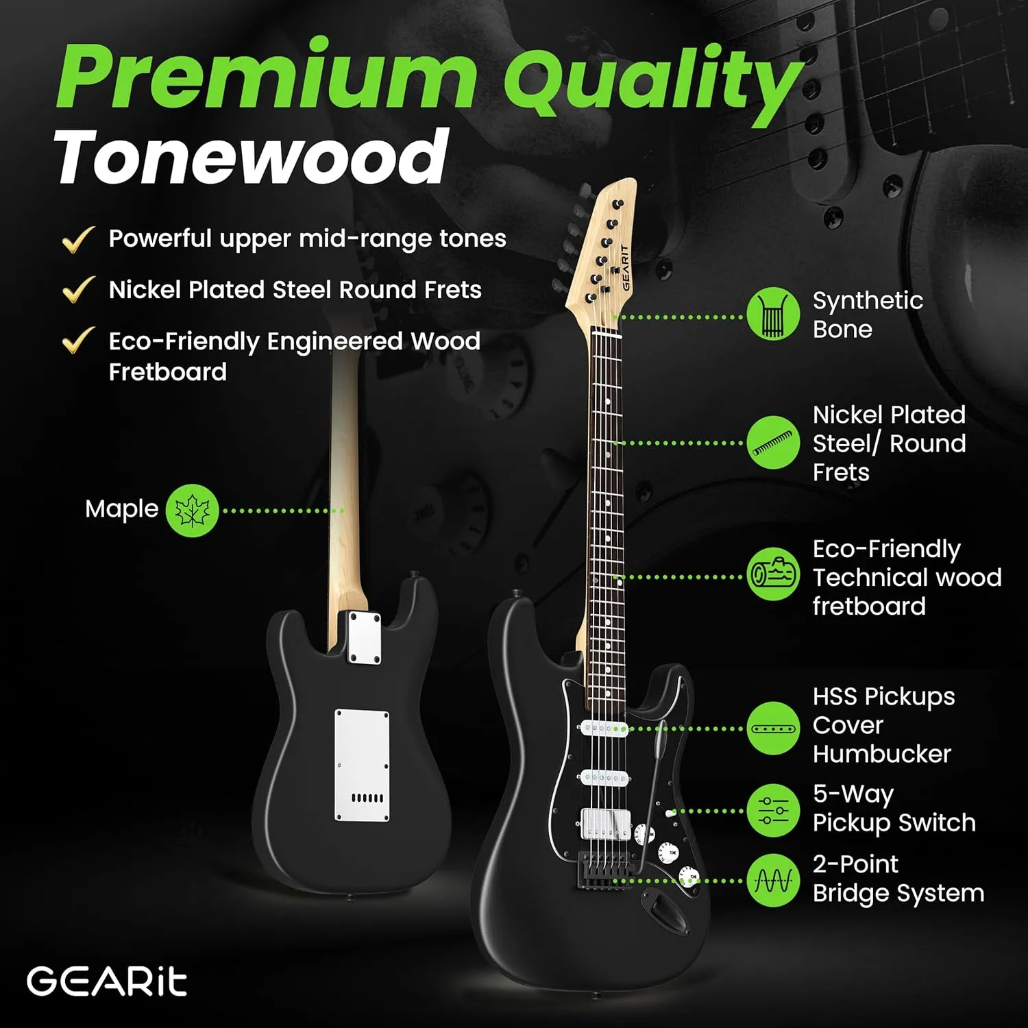 GEARit 39 Inch Full Size Canyon Series Electric Guitar Kit Bundle w/Amplifier, HSS Pickup with Coil Split,Starter Kit with Tuner, Gig Bag, and Guitar Strap, Cable, Picks, Strings, Shadow Black