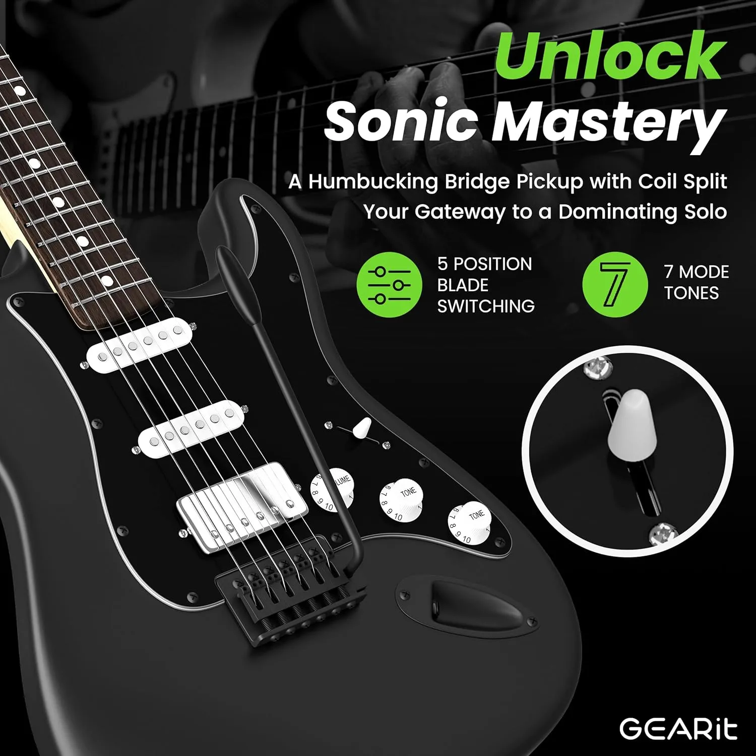 GEARit 39 Inch Full Size Canyon Series Electric Guitar Kit Bundle w/Amplifier, HSS Pickup with Coil Split,Starter Kit with Tuner, Gig Bag, and Guitar Strap, Cable, Picks, Strings, Shadow Black