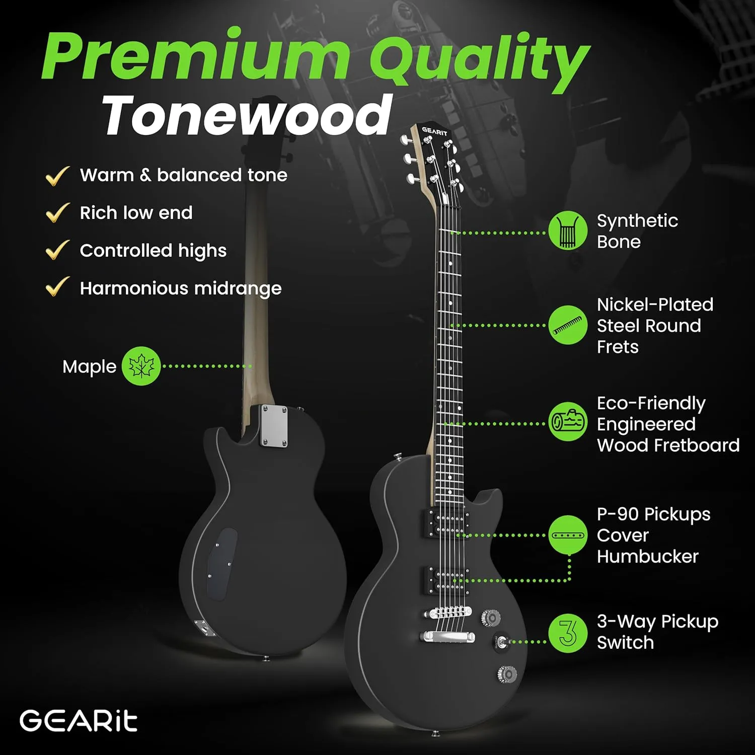GEARit GI-155 Valley Series, 39" Electric Guitar Set w/Amplifier, H-H Pickups with Coil Split, All-Inclusive Starter Kit with Tuner, Gig Bag, and Guitar Strap, Cable, Picks, Strings - Black