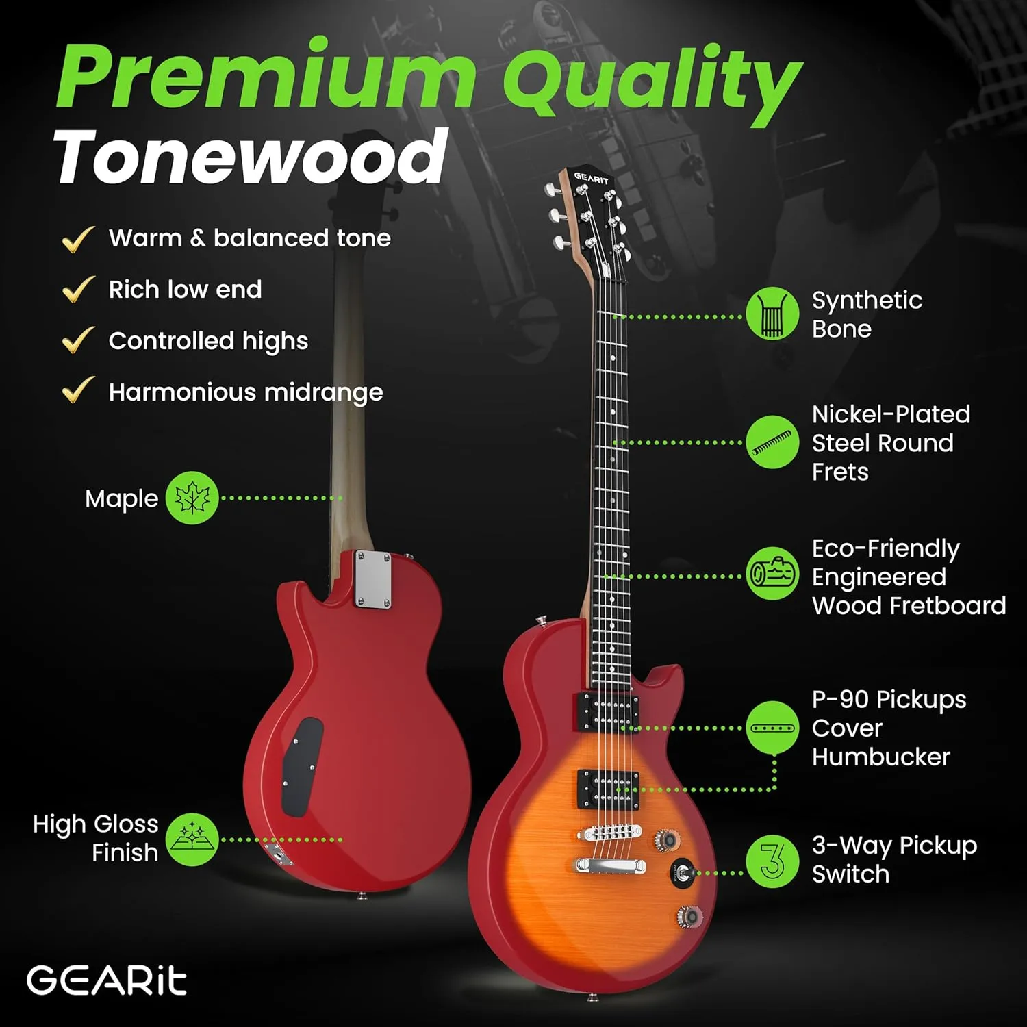 GEARit GI-155 Valley Series, 39" Electric Guitar Set w/Amplifier, H-H Pickups with Coil Split, All-Inclusive Starter Kit with Tuner, Gig Bag, and Guitar Strap, Cable, Picks, Strings - Cherry Sunburst