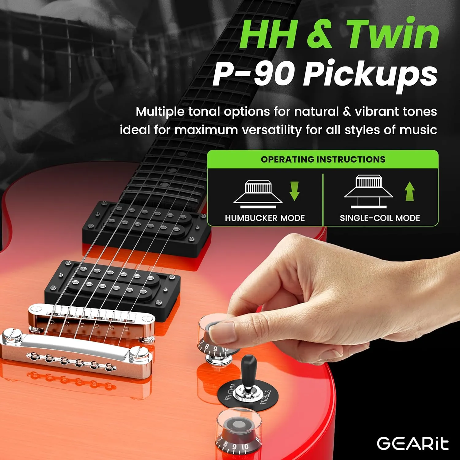 GEARit GI-155 Valley Series, 39" Electric Guitar Set w/Amplifier, H-H Pickups with Coil Split, All-Inclusive Starter Kit with Tuner, Gig Bag, and Guitar Strap, Cable, Picks, Strings - Cherry Sunburst