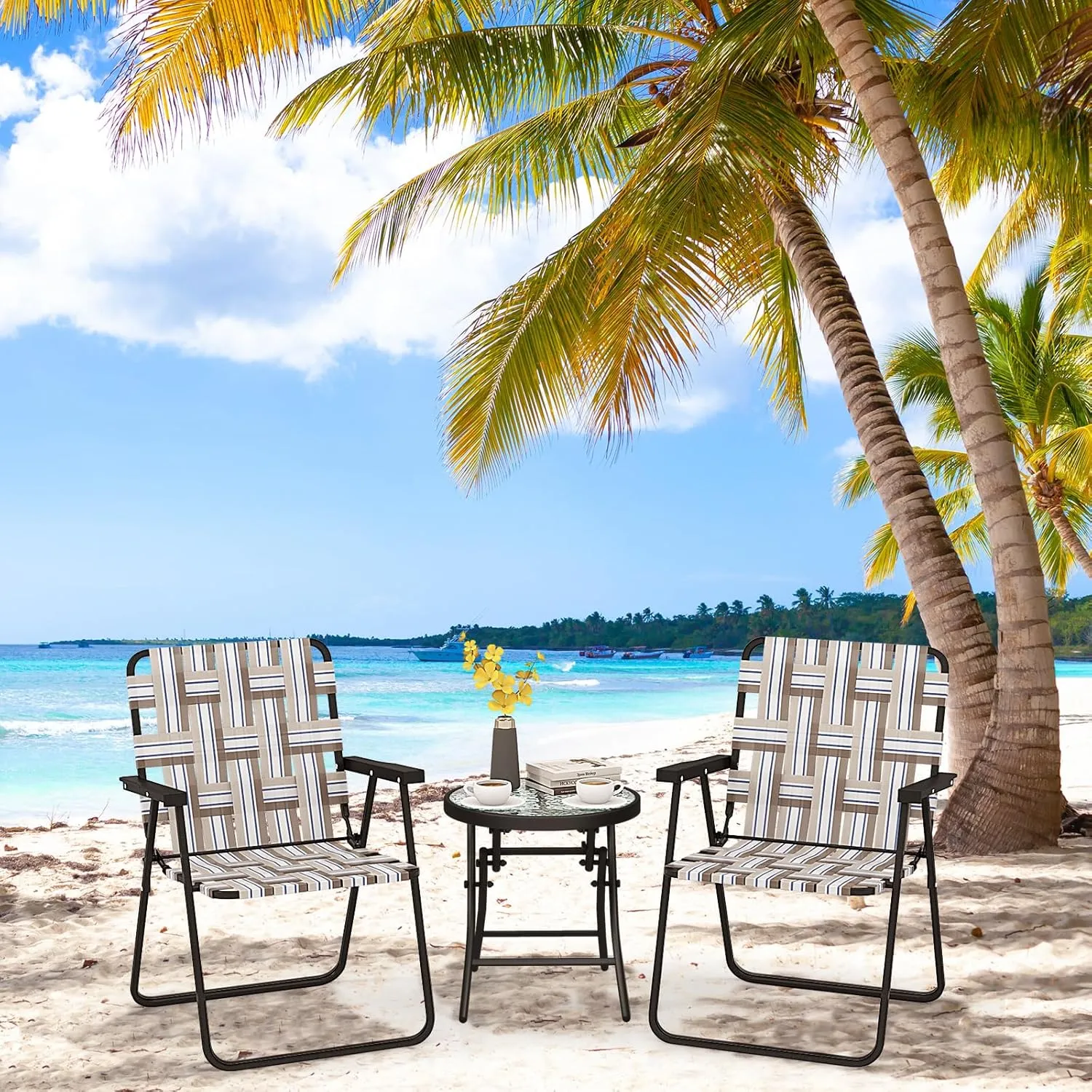 Giantex Beach Chairs for Adults 2-Pack - Camping Chair with Steel Frame, Lightweight Folding Directors Chair, Outdoor Webbing Chair for Patio, Fishing, Yard, Poolside Lawn Chairs Set of 2 (Khaki)