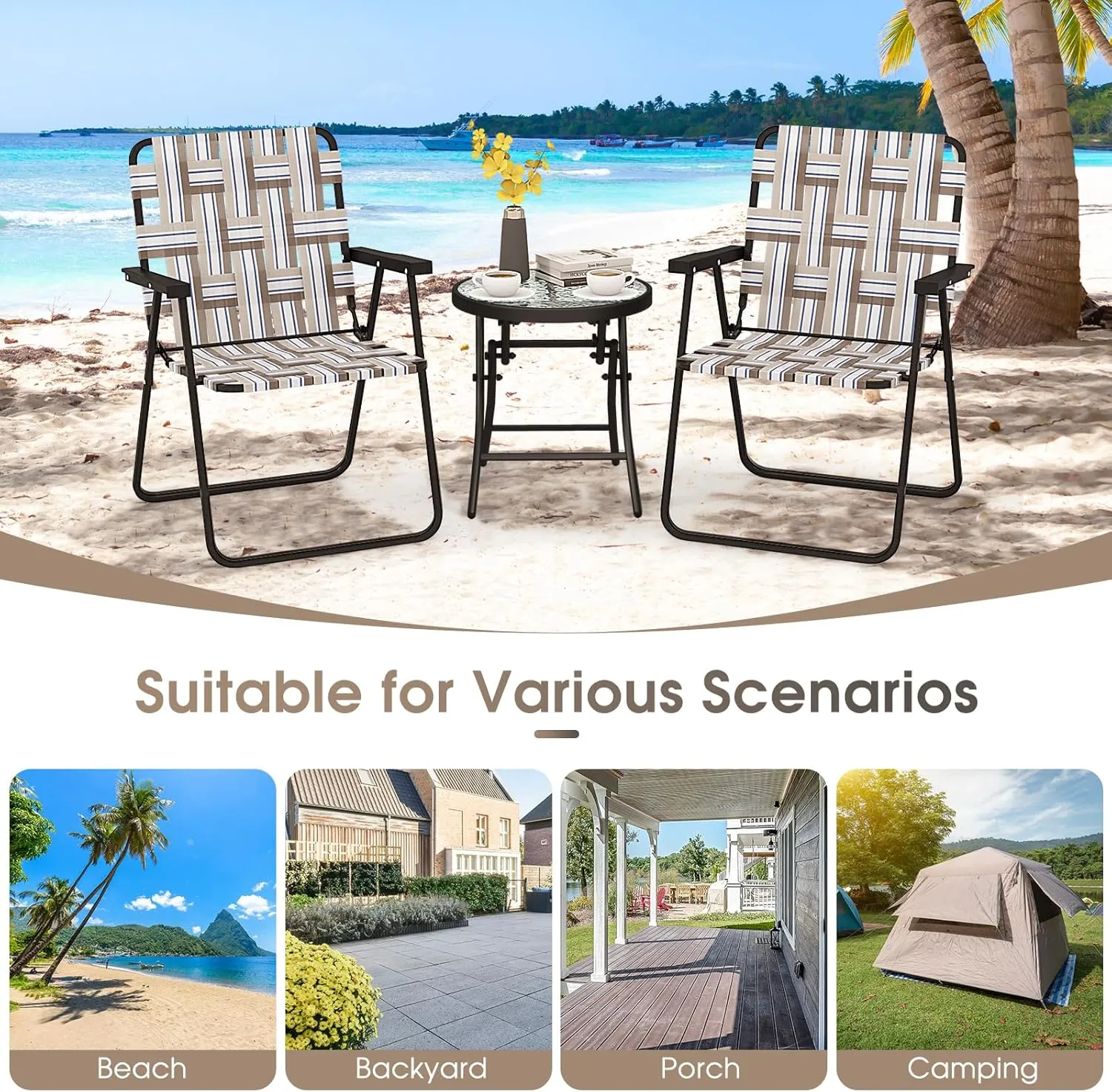Giantex Beach Chairs for Adults 2-Pack - Camping Chair with Steel Frame, Lightweight Folding Directors Chair, Outdoor Webbing Chair for Patio, Fishing, Yard, Poolside Lawn Chairs Set of 2 (Khaki)