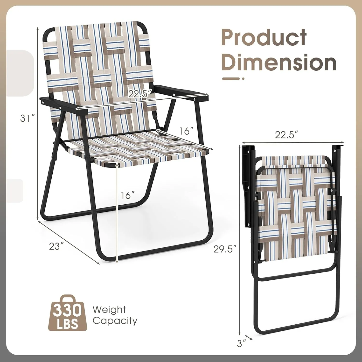Giantex Beach Chairs for Adults 2-Pack - Camping Chair with Steel Frame, Lightweight Folding Directors Chair, Outdoor Webbing Chair for Patio, Fishing, Yard, Poolside Lawn Chairs Set of 2 (Khaki)