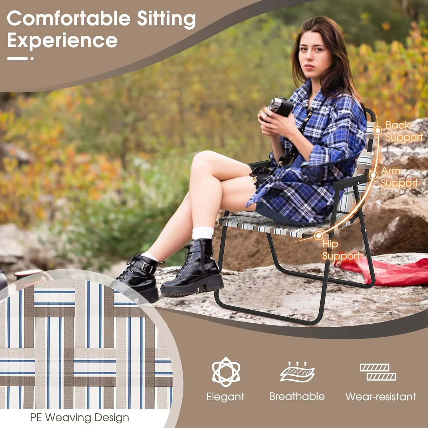 Giantex Beach Chairs for Adults 2-Pack - Camping Chair with Steel Frame, Lightweight Folding Directors Chair, Outdoor Webbing Chair for Patio, Fishing, Yard, Poolside Lawn Chairs Set of 2 (Khaki)