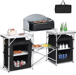 Giantex Camping Kitchen Station, Folding Grill Table with 26'' Tabletop, 2 Side Tables, Storage Organizer, Detachable Windscreen, Portable Camp Cook Outdoor Prep Station Backyard BBQ Picnic (Black)