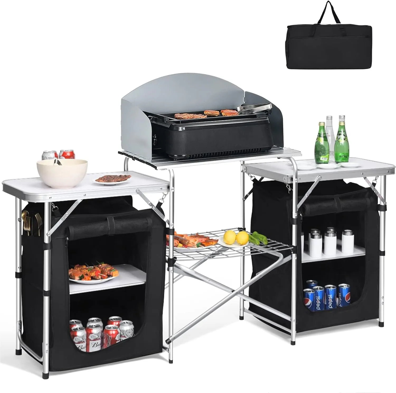 Giantex Camping Kitchen Station, Folding Grill Table with 26'' Tabletop, 2 Side Tables, Storage Organizer, Detachable Windscreen, Portable Camp Cook Outdoor Prep Station Backyard BBQ Picnic (Black)