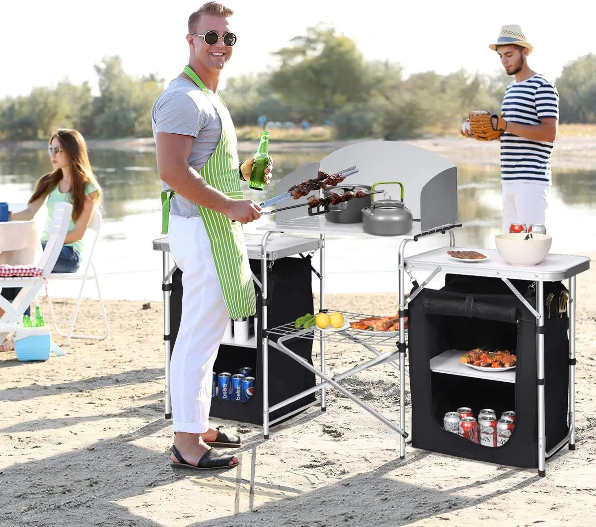 Giantex Camping Kitchen Station, Folding Grill Table with 26'' Tabletop, 2 Side Tables, Storage Organizer, Detachable Windscreen, Portable Camp Cook Outdoor Prep Station Backyard BBQ Picnic (Black)