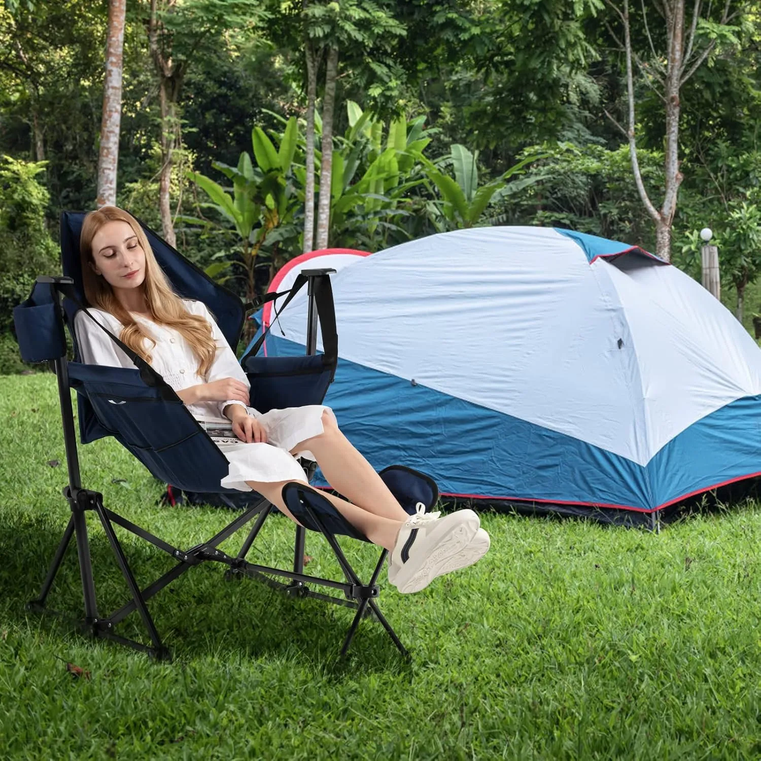 Giantex Outdoor Hammock Camping Chair - Rocking Chair with Removable Footrest, Adjustable Backrest, Pillow, Cup Holder, Storage Bag, Portable Swinging Chair for Poolside Patio Folding Chair (1, Navy)