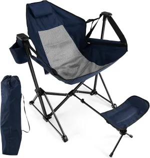 Giantex Outdoor Hammock Camping Chair - Rocking Chair with Removable Footrest, Adjustable Backrest, Pillow, Cup Holder, Storage Bag, Portable Swinging Chair for Poolside Patio Folding Chair (1, Navy)