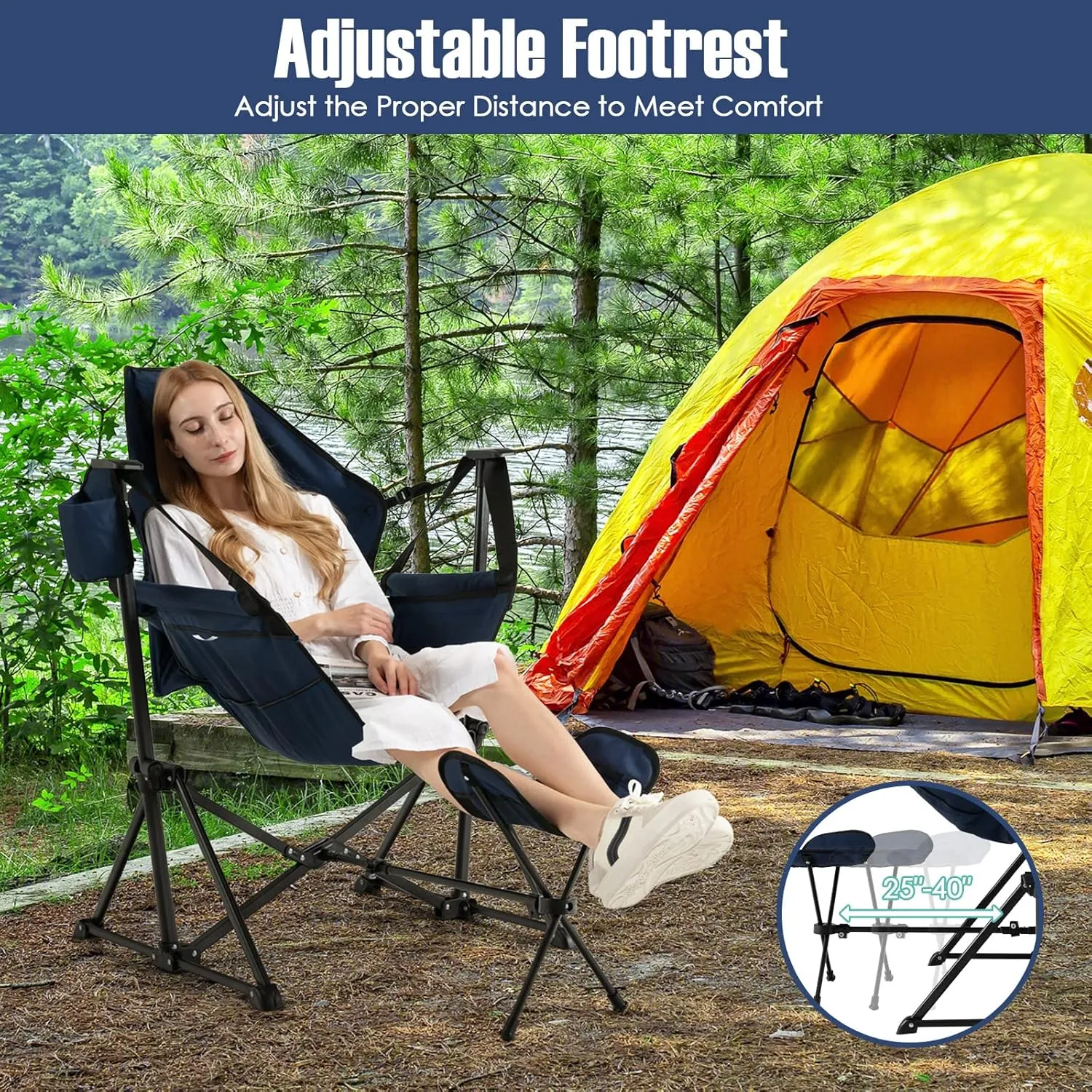 Giantex Outdoor Hammock Camping Chair - Rocking Chair with Removable Footrest, Adjustable Backrest, Pillow, Cup Holder, Storage Bag, Portable Swinging Chair for Poolside Patio Folding Chair (1, Navy)