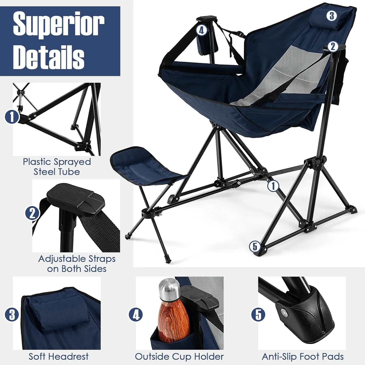 Giantex Outdoor Hammock Camping Chair - Rocking Chair with Removable Footrest, Adjustable Backrest, Pillow, Cup Holder, Storage Bag, Portable Swinging Chair for Poolside Patio Folding Chair (1, Navy)