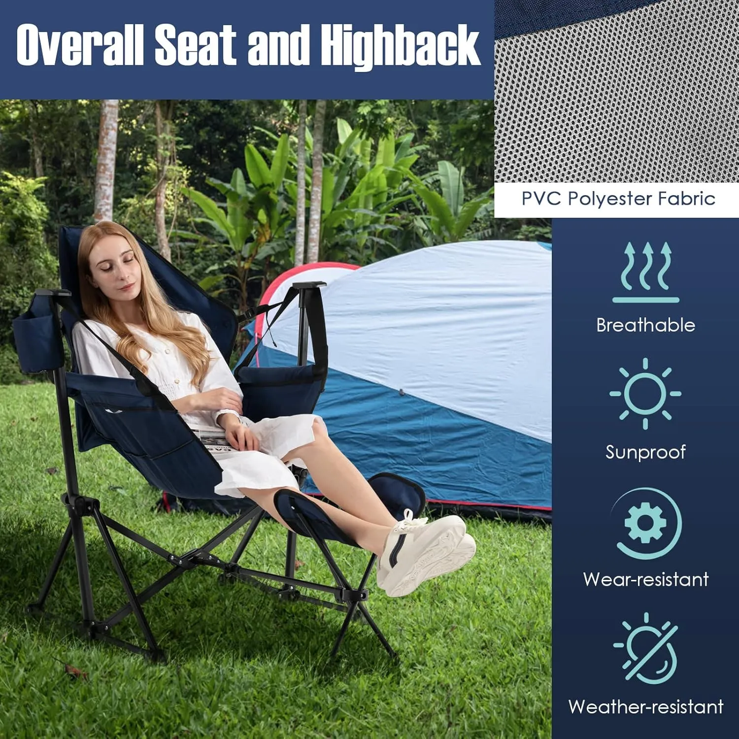 Giantex Outdoor Hammock Camping Chair - Rocking Chair with Removable Footrest, Adjustable Backrest, Pillow, Cup Holder, Storage Bag, Portable Swinging Chair for Poolside Patio Folding Chair (1, Navy)