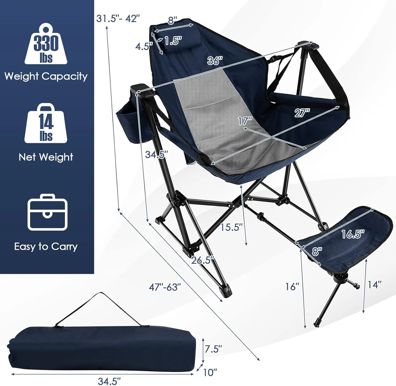 Giantex Outdoor Hammock Camping Chair - Rocking Chair with Removable Footrest, Adjustable Backrest, Pillow, Cup Holder, Storage Bag, Portable Swinging Chair for Poolside Patio Folding Chair (1, Navy)