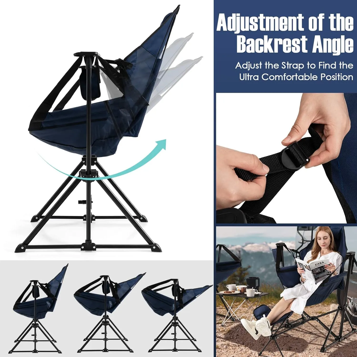 Giantex Outdoor Hammock Camping Chair - Rocking Chair with Removable Footrest, Adjustable Backrest, Pillow, Cup Holder, Storage Bag, Portable Swinging Chair for Poolside Patio Folding Chair (1, Navy)