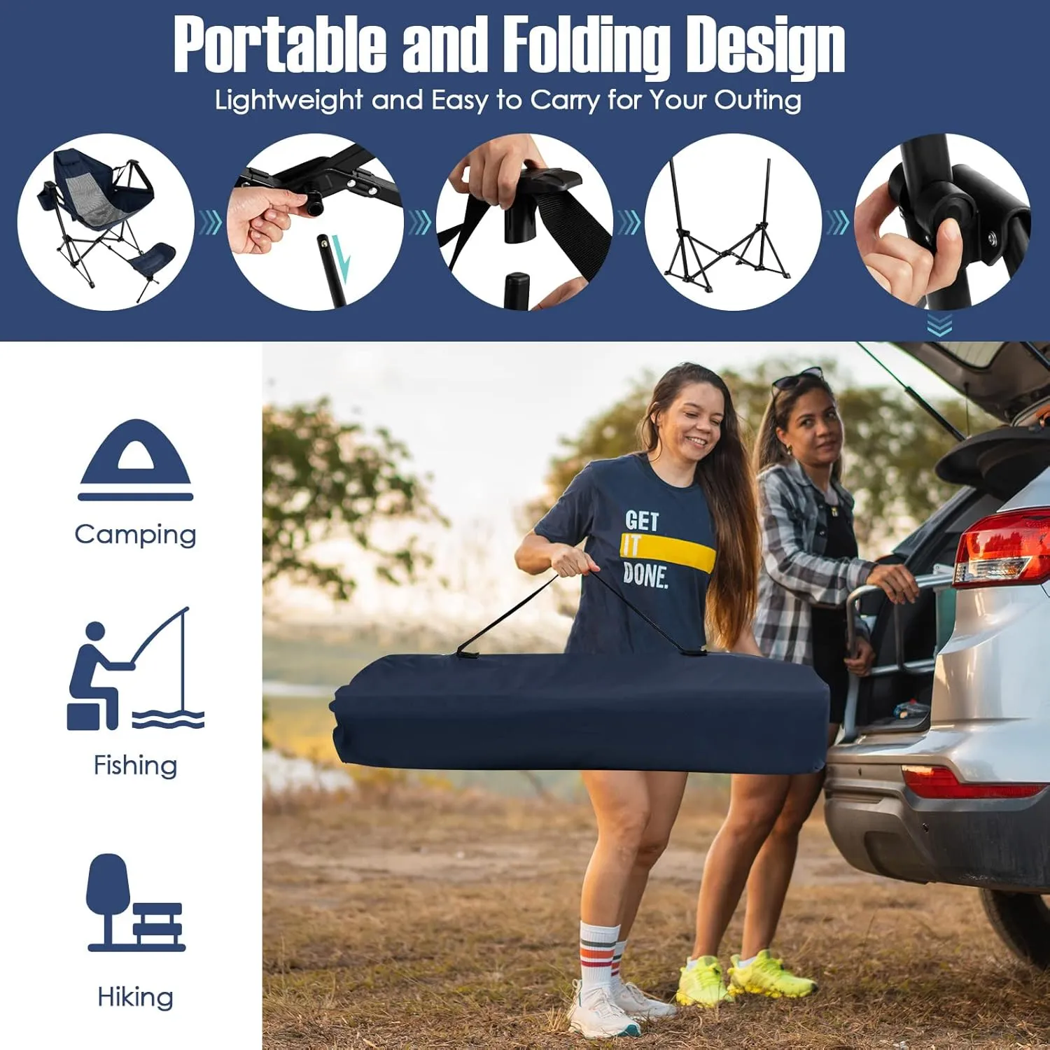 Giantex Outdoor Hammock Camping Chair - Rocking Chair with Removable Footrest, Adjustable Backrest, Pillow, Cup Holder, Storage Bag, Portable Swinging Chair for Poolside Patio Folding Chair (1, Navy)