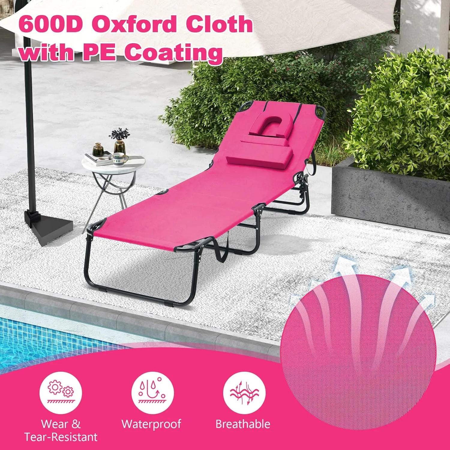 Giantex Tanning Chair, 350lbs Adjustable Patio Lounge Chair with Face Hole, Removable Pillows, Carry Strap, Folding, Outdoor Chaise Lounge for Layout Beach Poolside Lawn, Pink