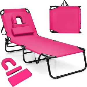 Giantex Tanning Chair, 350lbs Adjustable Patio Lounge Chair with Face Hole, Removable Pillows, Carry Strap, Folding, Outdoor Chaise Lounge for Layout Beach Poolside Lawn, Pink