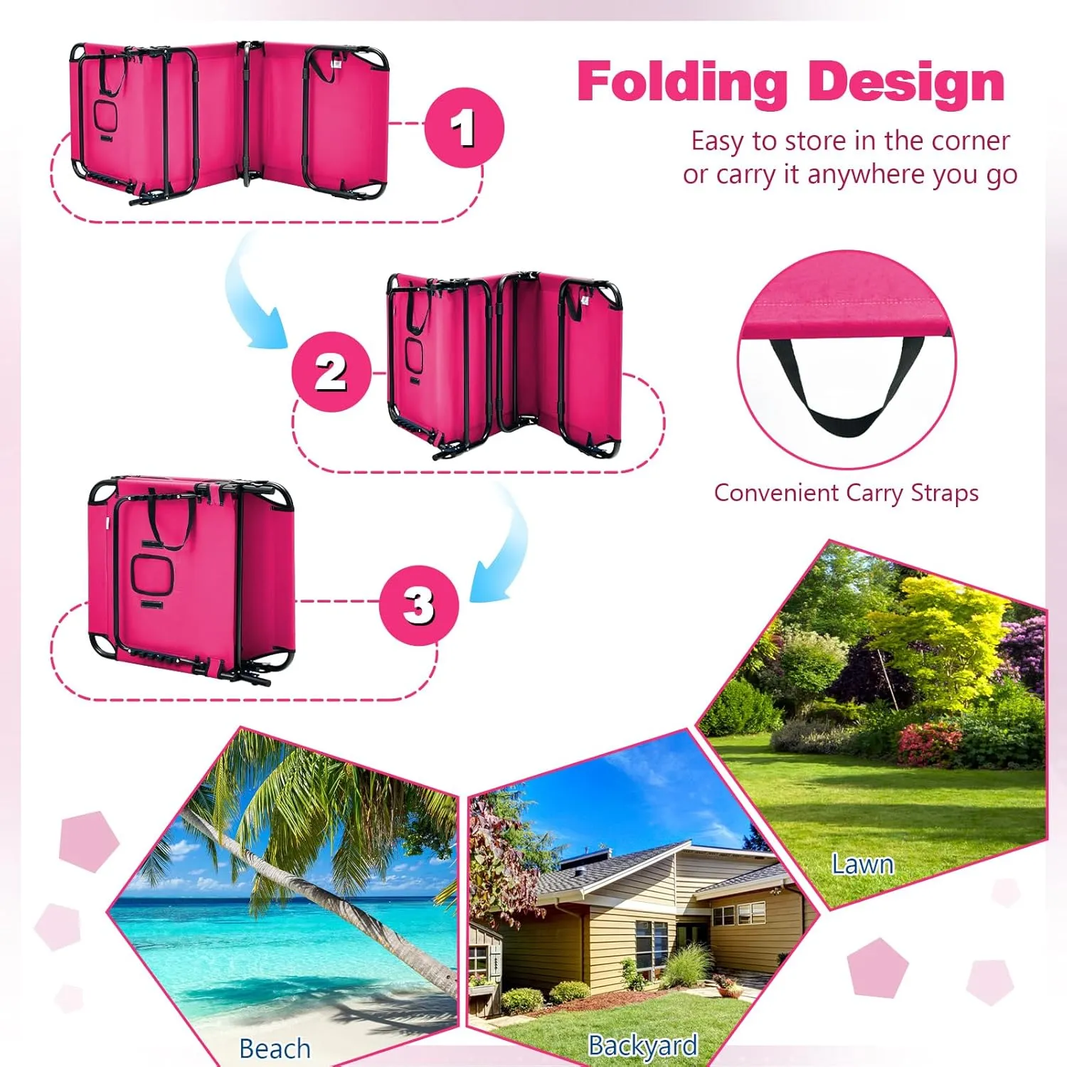 Giantex Tanning Chair, 350lbs Adjustable Patio Lounge Chair with Face Hole, Removable Pillows, Carry Strap, Folding, Outdoor Chaise Lounge for Layout Beach Poolside Lawn, Pink