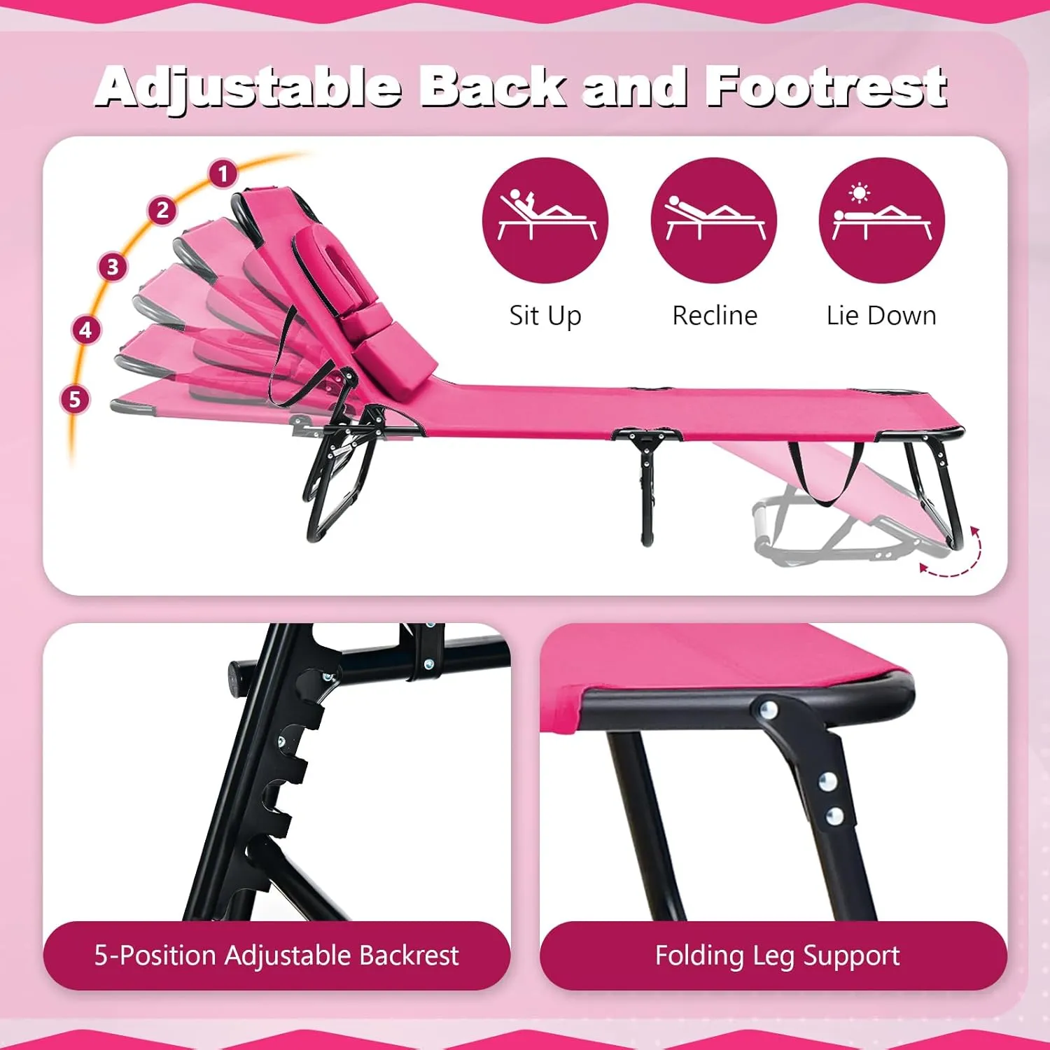 Giantex Tanning Chair, 350lbs Adjustable Patio Lounge Chair with Face Hole, Removable Pillows, Carry Strap, Folding, Outdoor Chaise Lounge for Layout Beach Poolside Lawn, Pink